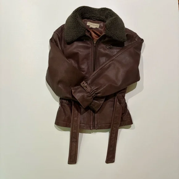 Colebrook & Co Vintage Women's Brown Leather Bomber Jacket Shearling Collar - Picture 7 of 14